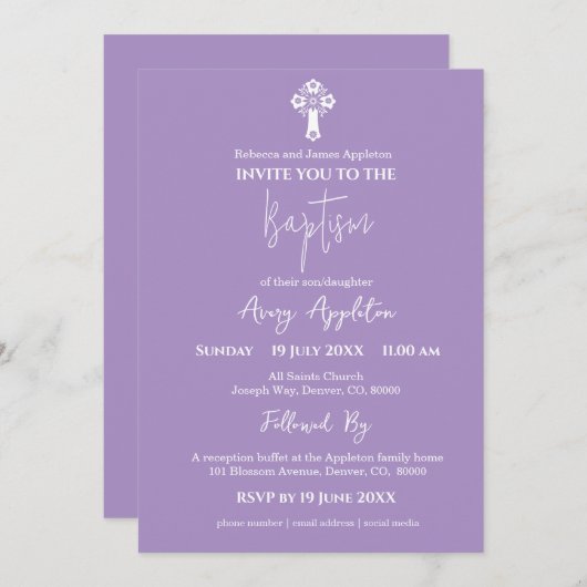 Uitnodiging Bloemenkruisdoop Lila (Voorkant / Achterkant)