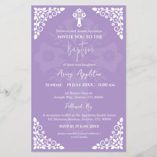 Uitnodiging Bloemkruis Doop Lila Lage Prijs Flyer (Voorkant)