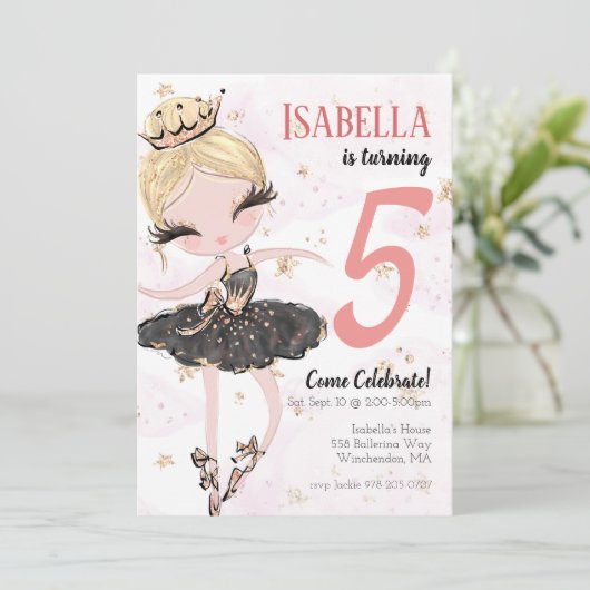 Uitnodiging Blonde Ballerina Birthday (Staand voorkant)