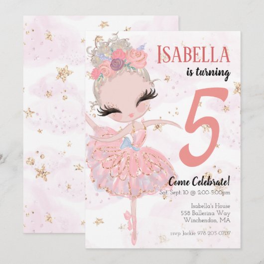 Uitnodiging Blonde Ballerina Birthday (Voorkant / Achterkant)