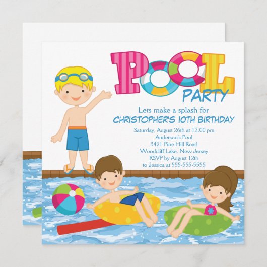 Uitnodiging Blonde Boy Birthday Summer Pool (Voorkant / Achterkant)