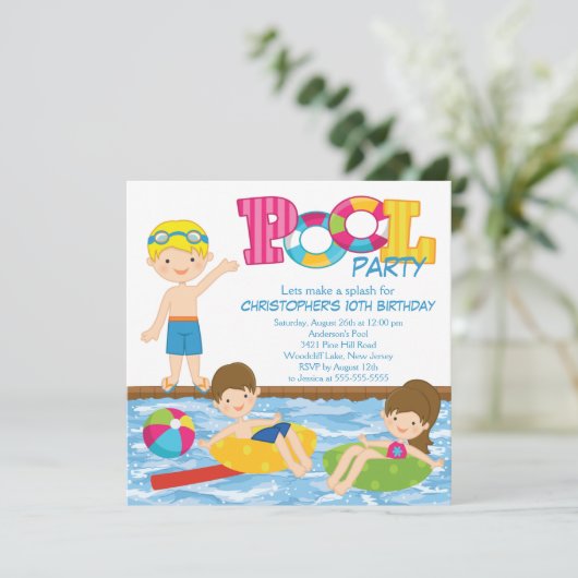 Uitnodiging Blonde Boy Birthday Summer Pool (Staand voorkant)
