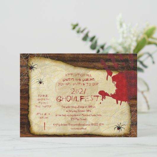 Uitnodiging Bloody Hand Halloween Party (Staand voorkant)