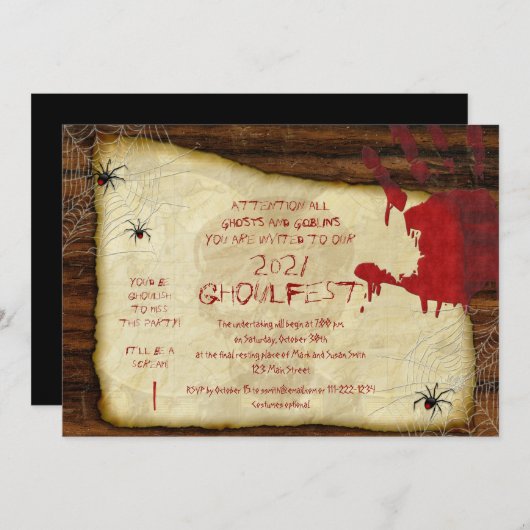 Uitnodiging Bloody Hand Halloween Party (Voorkant / Achterkant)