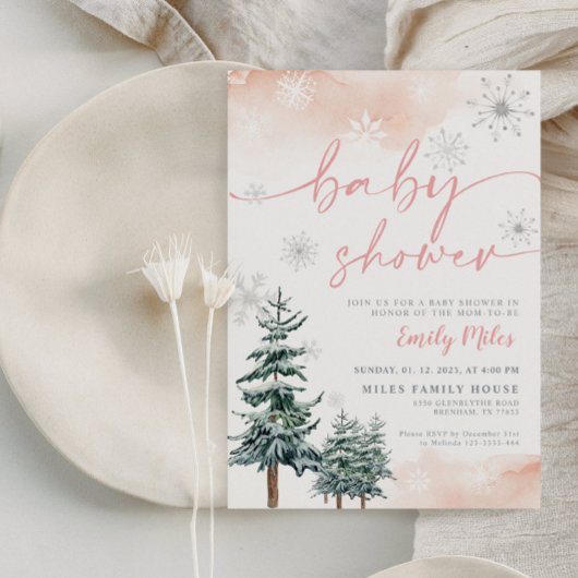 Uitnodiging, blozen en roze winterbaby shower kaart