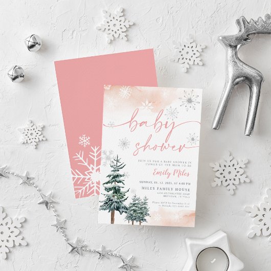 Uitnodiging, blozen en roze winterbaby shower kaart