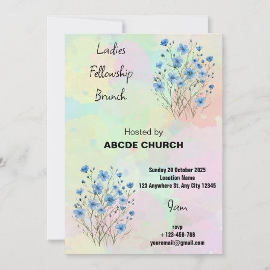 Uitnodiging Blue Flower Ladies Fellowship Brunch (Voorkant)