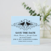Uitnodiging Blue Love Bird Swirls Save the Date (Staand voorkant)