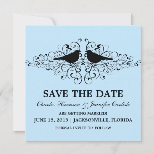 Uitnodiging Blue Love Bird Swirls Save the Date (Voorkant)