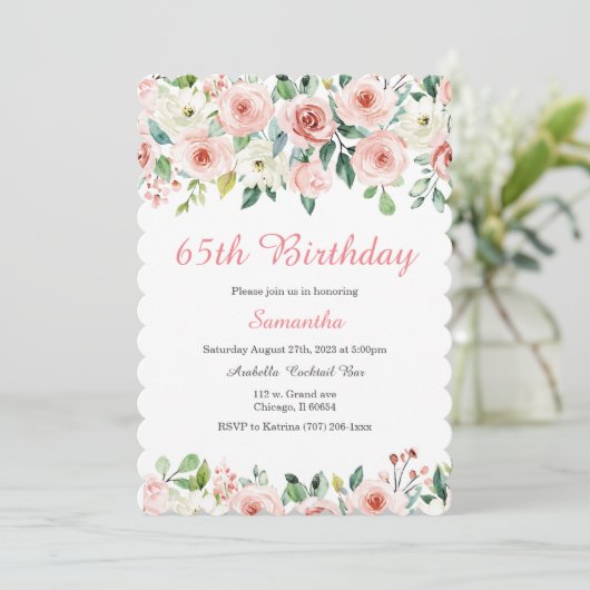 Uitnodiging Blush Floral 65e Verjaardag (Staand voorkant)