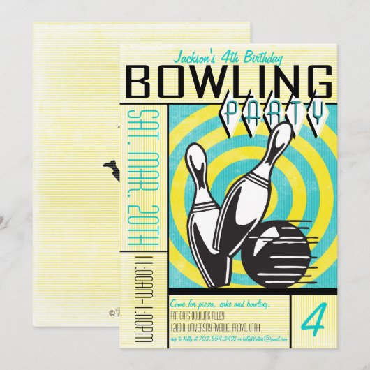 Uitnodiging Bowling-partij - Aqua (Voorkant / Achterkant)