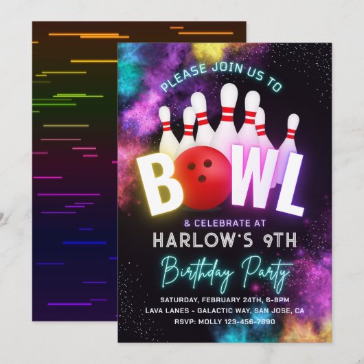 Uitnodiging Bowlingfeest voor Meisjes | Bowling Ui (Voorkant / Achterkant)