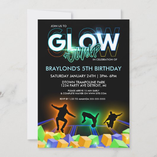 Uitnodiging Boys Glow Trampoline Park Feestje (Voorkant)