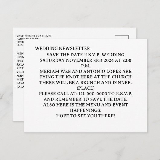 Uitnodiging Briefkaart (Voorkant / Achterkant)