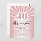 Uitnodiging briefkaart 40e verjaardag, retro roos (Voorkant / Achterkant)