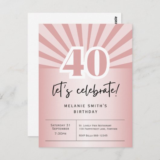 Uitnodiging briefkaart 40e verjaardag, retro roos  (Voorkant / Achterkant)