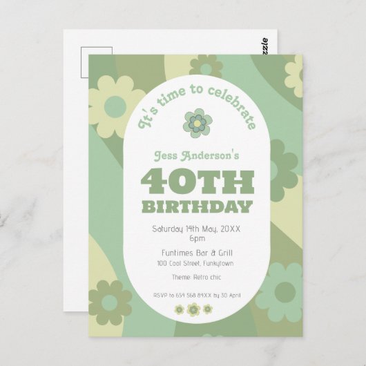 Uitnodiging Briefkaart retro salie groen 40e verja (Voorkant / Achterkant)