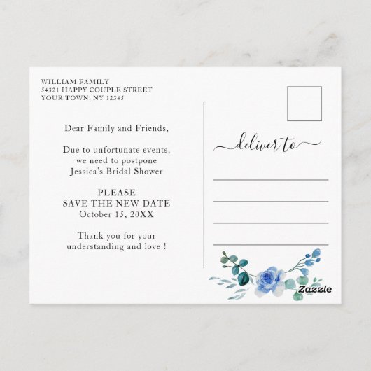 Uitnodiging bruidsfeest uitgesteld datum elegante  (Achterkant)