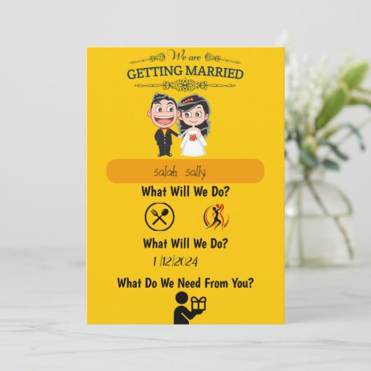 Uitnodiging bruiloft Amusant en informatief (Staand voorkant)