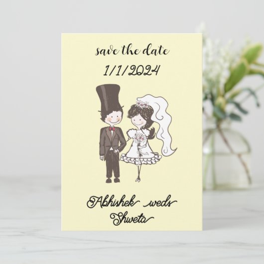 Uitnodiging bruiloft Een karikatuur Paar Portret (Staand voorkant)