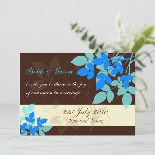 Uitnodiging bruin en blauw huwelijk (Staand voorkant)