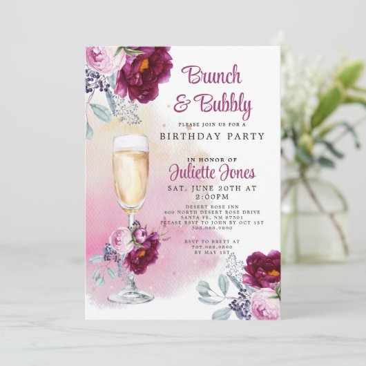 Uitnodiging Brunch en Bubble Birthday (Staand voorkant)