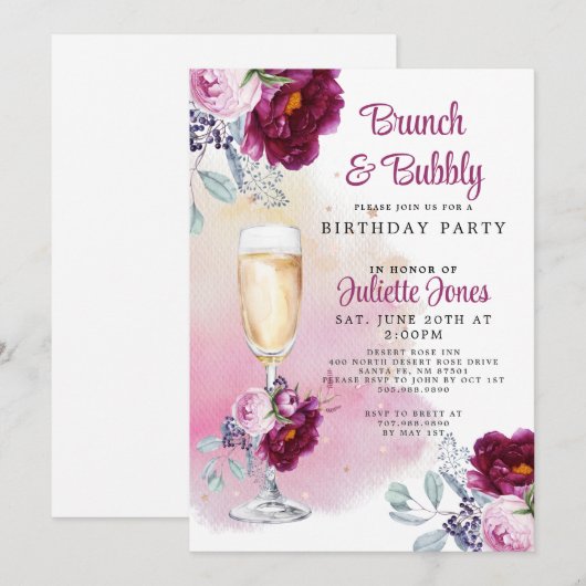 Uitnodiging Brunch en Bubble Birthday (Voorkant / Achterkant)