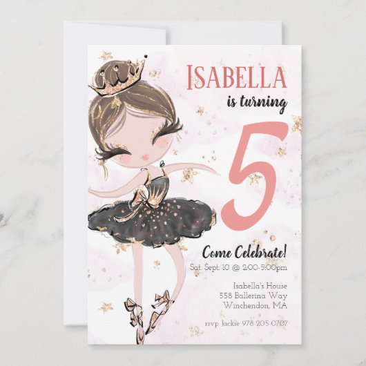 Uitnodiging Brunette Ballerina Birthday (Voorkant)