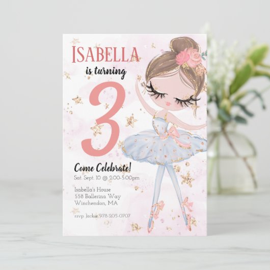 Uitnodiging Brunette Ballerina Birthday (Staand voorkant)