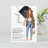 Uitnodiging Brunette Leopard Girl Graduation Party (Staand voorkant)