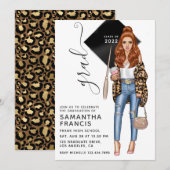 Uitnodiging Brunette Leopard Girl Graduation Party (Voorkant / Achterkant)