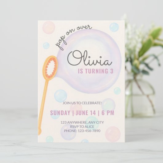 Uitnodiging Bubble Birthday, Uitnodiging derde ver (Staand voorkant)