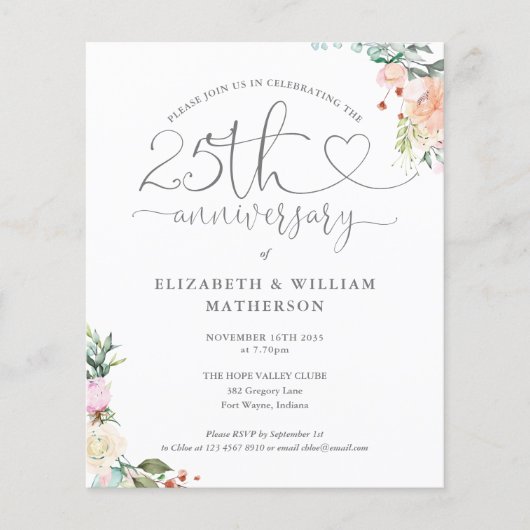 Uitnodiging Budget 25e verjaardag hart bloemmotief (Voorkant)