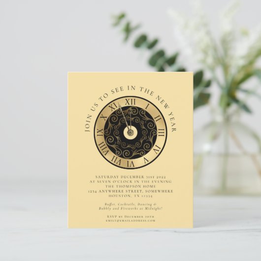 Uitnodiging Budget Klok Goud Oud en Nieuw-feest (Staand voorkant)