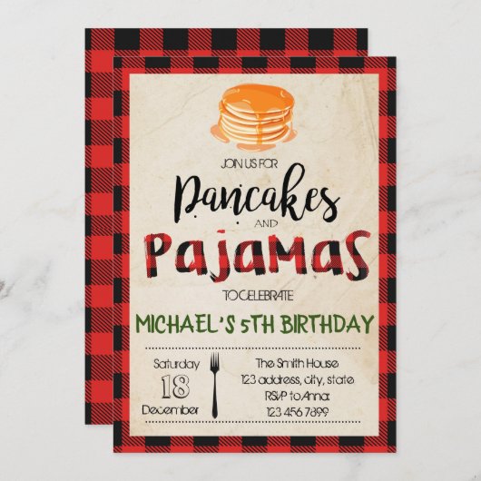 Uitnodiging Buffalo geruit pannenkoeken pyjama fee (Voorkant / Achterkant)