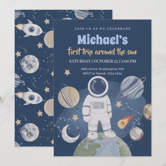 Uitnodiging buitenruimte 1st Boy Birthday (Voorkant / Achterkant)