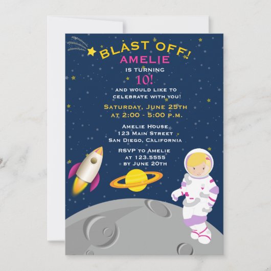 Uitnodiging buitenruimteastronaut Birthday Party (Voorkant)