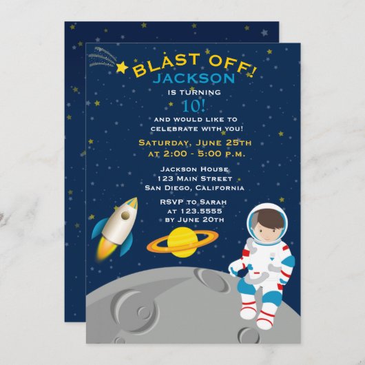 Uitnodiging buitenruimteastronaut Birthday Party (Voorkant / Achterkant)