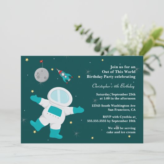 Uitnodiging buitenruimteastronaut verjaardagsfeest (Staand voorkant)