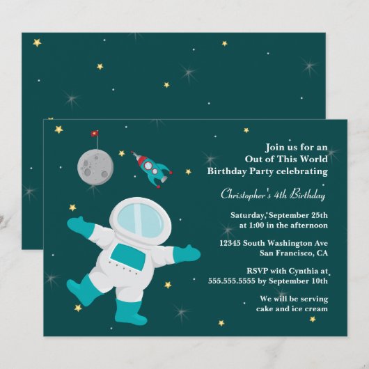 Uitnodiging buitenruimteastronaut verjaardagsfeest (Voorkant / Achterkant)