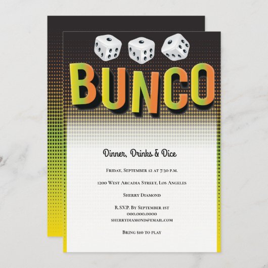 Uitnodiging Bunco Dice Game Party (Voorkant / Achterkant)