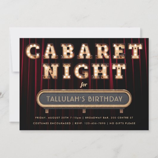 Uitnodiging Cabaret Night Birthday Party (Voorkant)
