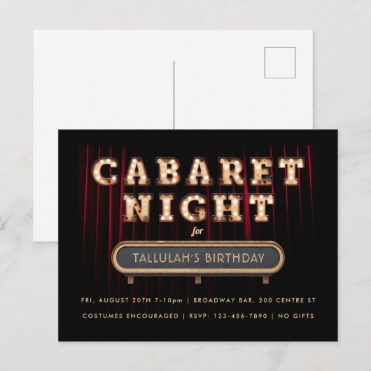 Uitnodiging Cabaret Night Birthday Party (Voorkant / Achterkant)