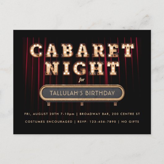 Uitnodiging Cabaret Night Birthday Party (Voorkant)
