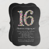 Uitnodiging Chalkboard Girls Floral 16e verjaardag (Voorkant / Achterkant)