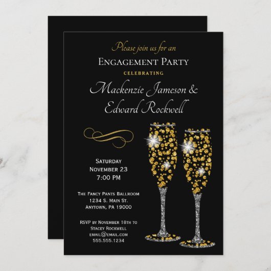 Uitnodiging Champagne Glam Black Engagement Party (Voorkant / Achterkant)