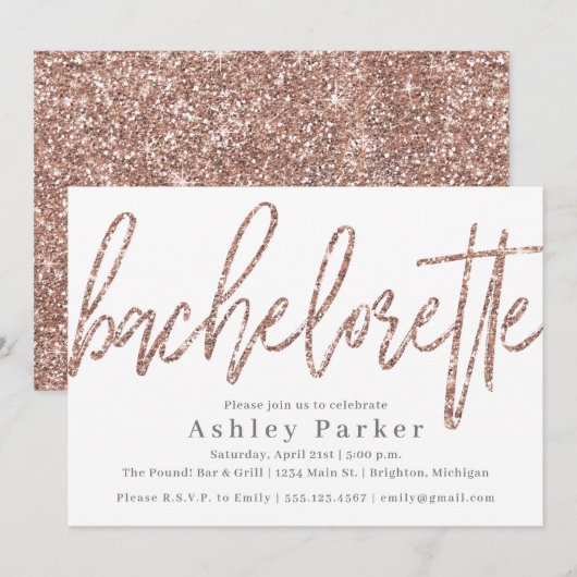 Uitnodiging Champagne Glitter Bachelorette (Voorkant / Achterkant)