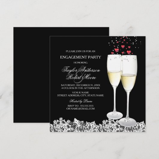 Uitnodiging Champagne & Heart Engagement Party (Voorkant / Achterkant)