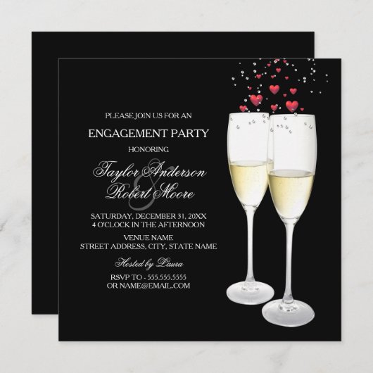 Uitnodiging Champagne & Heart Engagement Party (Voorkant / Achterkant)