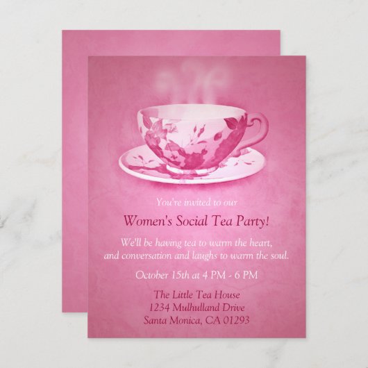 Uitnodiging Charge Pink Tea Party (Voorkant / Achterkant)